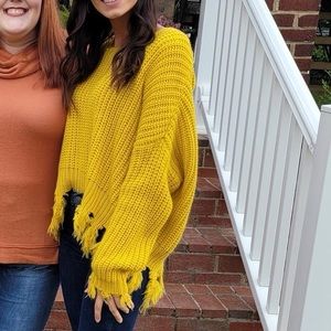 size M/L young fabulous and broke yellow distressed sweater